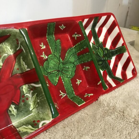 Oneida Ceramic Holiday Serving Tray Gift Box Design 4 Sections Red Green 18 X 6" - Picture 5 of 13